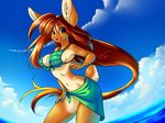  brown_hair clothing cloud clouds female green_eyes hair lagomorph long_hair longhair looking_at_viewer mammal rabbit raised_tail sea smile solo standing swimsuit tight_clothing unicornblue water 