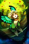  :o blonde_hair butterfly_wings flower full_body hair_flower hair_ornament highres long_sleeves mercedes odin_sphere pointy_ears puffy_long_sleeves puffy_sleeves red_eyes signature sitting solo striped sushes vertical_stripes watermark web_address wings wreath 