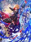  1girl armor arrow bangs blonde_hair boots bow_(weapon) cape closed_mouth company_connection copyright_name elbow_gloves fingerless_gloves fingernails fire_emblem fire_emblem:_monshou_no_nazo fire_emblem_cipher gloves holding holding_bow_(weapon) holding_weapon kuraine leg_up long_hair looking_at_viewer mayo_(becky2006) miniskirt nintendo official_art quiver simple_background skirt sleeveless thigh_boots thighhighs weapon zettai_ryouiki 