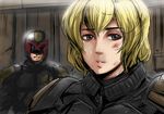  1girl 2000_ad armor badge blonde_hair bob_cut brown_eyes building cyberpunk dirt dredd exaxuxer hallway helmet judge judge_anderson judge_dredd looking_at_viewer police police_badge police_uniform policeman policewoman science_fiction shoulder_pads uniform 