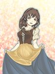  apron bo2337285 breasts brown_eyes brown_hair casual clothes_grab curtsey lace-up_top long_hair low-tied_long_hair maid_ane_(maoyuu) maoyuu_maou_yuusha medium_breasts smile solo waist_apron 