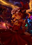  absurdres ascot blonde_hair bunchou_(bunchou3103) different_reflection flandre_scarlet hat hat_ribbon highres laevatein open_mouth red_eyes reflection ribbon short_hair side_ponytail skirt skirt_set smile solo tears touhou wings 