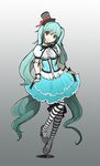  artist_name corset dress green_eyes green_hair hat hatsune_miku head_tilt highres long_hair mini_hat mini_top_hat pantyhose solo stk striped striped_legwear top_hat twintails very_long_hair vocaloid 