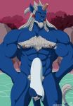  ball_tuft balls blinking blue_balls blue_body blush body_hair broken_horn chest_hair erection final_fantasy final_fantasy_x greeneyedwolfking horn kimahri looking_at_viewer male muscular nipples pubes ronso solo square_enix video_games water 