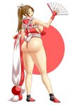  1girl ass breasts brown_eyes brown_hair fan fatal_fury folding_fan huge_ass huge_breasts king_of_fighters knot oribaru ponytail rope shiranui_mai snk thong 