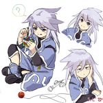  1boy ? blue_eyes blush boots child flat_gaze frown genis_sage genius_sage kujiranohane multiple_views open_mouth painting rubik&#039;s_cube rubik's_cube short_hair signature silver_hair simple_background sitting smile tales_of_(series) tales_of_symphonia toy white_background 
