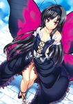  absurdres accel_world antenna_hair bare_shoulders black_hair blush bug butterfly butterfly_wings day dress elbow_gloves gloves hairband highres ichijou_hitoshi insect kuroyukihime legs long_hair looking_at_viewer navel sky smile solo wings 
