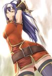  ahoge armpits ass_visible_through_thighs bare_shoulders belt blue_hair breasts detached_sleeves fingerless_gloves fire_emblem fire_emblem:_akatsuki_no_megami gloves green_eyes hairband long_hair medium_breasts no_panties one_eye_closed shinon_(tokage_shuryou) sword thighhighs wayu_(fire_emblem) weapon white_hairband zettai_ryouiki 