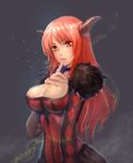  argyle breasts choker cleavage finger_to_mouth fur_trim hand_on_own_chest horns lalan_fengchu large_breasts long_hair maou_(maoyuu) maoyuu_maou_yuusha orange_eyes orange_hair solo 
