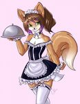  anthro brown_hair canine clothing crossdressing girly green_eyes hair legwear looking_at_viewer maid maid_headdress maid_uniform male mammal necklace raised_arm raised_tail sky solo standing stockings tray unicornblue walking wolf 