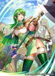  1girl armor bangs belt bracelet breastplate cloud cloudy_sky company_connection copyright_name day elbow_gloves feathered_wings fingerless_gloves fingernails fire_emblem fire_emblem:_monshou_no_nazo fire_emblem_cipher gloves green_hair headband holding holding_weapon jewelry long_hair matsurika_youko nintendo official_art open_mouth outdoors paola pegasus polearm sheath sheathed shiny shiny_clothes shiny_hair shiny_skin shoulder_armor sidelocks sky spear sword thighhighs tree turtleneck weapon wings zettai_ryouiki 