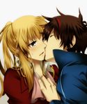  androgynous bad_id bad_pixiv_id blonde_hair blush brown_hair cheek_kiss closed_eyes grey_eyes kiss long_hair ponytail sweatdrop tsubasa-00 umineko_no_naku_koro_ni undone_necktie ushiromiya_lion willard_h_wright 