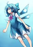  1girl blue_background blue_hair bow cirno dress frown hair_bow ice ice_wings short_hair solo standing touhou window1228 wings 