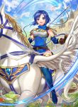  1girl armor bangs belt blue_eyes blue_hair blue_sky breastplate castle cloud cloudy_sky company_connection copyright_name day dress elbow_gloves feathered_wings feathers fingerless_gloves fire_emblem fire_emblem:_monshou_no_nazo fire_emblem_cipher gloves headband holding holding_weapon horseback_riding katua looking_at_viewer matsurika_youko nintendo official_art outdoors parted_lips pegasus pegasus_knight polearm rainbow riding shiny shiny_clothes shiny_hair shiny_skin short_dress short_hair shoulder_armor sky sleeveless smile spear thighhighs weapon wings 