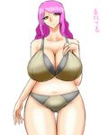  1girl bikini breasts brown_eyes female huge_breasts jewelry milf navel original purple_hair ring simple_background solo standing swimsuit thigh_gap thighs wedding_ring white_background wide_hips wiz-coolhait 