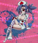  bandages blue_hair breasts choker cleavage crossed_legs dress eric_muentes eyepatch full_body gloves hair_over_one_eye hat large_breasts mask mask_removed nurse nurse_cap ponytail red_cross red_eyes short_dress sitting skullgirls solo surgical_mask valentine_(skullgirls) white_gloves 