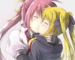  2girls bangs black_ribbon blonde_hair blush braid cape commentary english_commentary eyebrows_visible_through_hair eyes_closed fate_testarossa fingerless_gloves gloves grey_background grey_cape grey_gloves hair_between_eyes hair_ribbon highres hikari_niji jacket kiss long_hair lyrical_nanoha mahou_shoujo_lyrical_nanoha multiple_girls pink_hair ponytail puffy_short_sleeves puffy_sleeves red_hair red_shirt ribbon shirt short_sleeves sidelocks signum simple_background twintails upper_body very_long_hair white_jacket yellow_ribbon yuri 