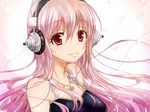  asahi_yanagi headphones jewelry long_hair looking_at_viewer nitroplus pendant petals pink_hair red_eyes smile solo super_sonico 