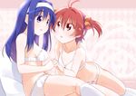  blue_eyes blue_hair blush bra breasts brown_eyes brown_hair cleavage futaba_aoi_(vividred_operation) hairband holding_hands isshiki_akane kitahara_tomoe_(kitahara_koubou) kneehighs long_hair medium_breasts multiple_girls navel panties short_hair small_breasts twintails underwear underwear_only vividred_operation yuri 