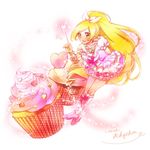  blonde_hair boots character_name choker cupcake cure_rhythm dress food green_eyes hair_ribbon knee_boots kuzumochi long_hair magical_girl minamino_kanade open_mouth ponytail precure ribbon smile solo suite_precure white_choker wrist_cuffs 