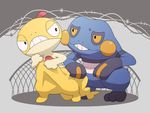  croagunk full_body gen_4_pokemon gen_5_pokemon mutsuri_(schwarzer-hund) no_humans pokemon pokemon_(creature) scraggy squatting teeth yellow_eyes 