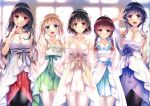  5girls :d absurdres arms_behind_back bangs bare_shoulders blonde_hair blue_eyes blurry blurry_background blush bow bowtie breasts brown_eyes brown_hair cleavage closed_mouth collarbone dress elbow_gloves fang gloves hair_ornament hand_up hashima_izumi highres huge_filesize hyoudou_michiru indoors jewelry kasumigaoka_utaha katou_megumi long_hair looking_at_viewer medium_breasts misaki_kurehito multiple_girls necklace official_art open_mouth pantyhose pearl_necklace purple_eyes purple_hair red_eyes saenai_heroine_no_sodatekata sawamura_spencer_eriri scan shiny shiny_hair short_hair sleeveless smile standing thighhighs tongue tongue_out twintails white_gloves white_legwear window zettai_ryouiki 