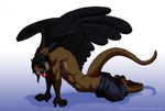  arched_back clothing looking_at_viewer male mammal mustelid open_pants otter pants seductive solo toned tongue tongue_out topless wings 