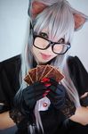  animal_ears card cards cat_ears cathy_(yuu-gi-ou_zexal) cosplay glasses gloves gray_hair grey_hair long_hair photo yu-gi-oh! yuu-gi-ou_zexal 