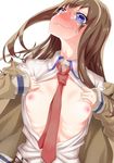  breasts brown_hair embarrassed flashing long_hair makise_kurisu necktie nipples no_bra purple_eyes red_neckwear ribs ronna small_breasts solo steins;gate tears wavy_mouth 