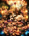  alcohol animal_ears black_hair cat_ears cat_tail eating fantasy fish fish_bone flower food highres multiple_tails original sake sui_(petit_comet) tail tongue 