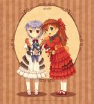  artist_name ayanami_rei blue_eyes blue_hair bow dav-19 dress frills lolita_fashion long_hair multiple_girls neon_genesis_evangelion orange_hair pantyhose red_dress red_eyes ribbon shikinami_asuka_langley short_hair souryuu_asuka_langley standing too_many too_many_frills watermark web_address white_dress 