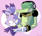  &lt;3 blaze_the_cat brofist cat crocodile feline female general-radix grin headphones male mammal pink_background plain_background ponytail reptile scalie sega sonic_(series) vector_the_crocodile 