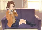  blazer brown_eyes brown_hair couch curtains eyewear_removed glasses holding holding_eyewear jacket kneehighs kuroko_(piii) original school_uniform sitting skirt solo sweater_vest window 