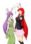  ;d animal_ears blazer braid breasts bunny_ears cosplay costume_switch expressive_clothes hat hat_removed headwear_removed highres hong_meiling hong_meiling_(cosplay) jacket large_breasts long_hair multiple_girls necktie niwatazumi one_eye_closed open_mouth pointing purple_hair red_hair red_neckwear reisen_udongein_inaba reisen_udongein_inaba_(cosplay) simple_background skirt smile star touhou twin_braids very_long_hair white_background 