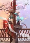  ask_(askzy) back-to-back black_hair boots braid cherry_blossoms from_side green_eyes hair_ornament hair_rings long_hair luo_tianyi multiple_girls pantyhose petals profile red_eyes san_yue_yu_(vocaloid) twin_braids vocaloid vocanese yuezheng_ling 