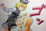  1girl bald blonde_hair boots faceless faceless_male hat in_the_face kawachi_koorogi kneeing lunasa_prismriver marker_(medium) outstretched_arm short_hair touhou traditional_media yellow_eyes 