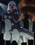  breasts building city crossgender desingahv destruction female godzilla godzilla_(series) hair invalid_tag kaiju looking_at_viewer macro monster navel night nipples nude pussy reptile scalie smoke solo white_hair yellow_eyes 