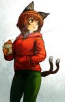  :t alternate_costume animal_ears breasts brown_eyes brown_hair cat_ears cat_tail chen contemporary eating food hand_in_pocket hood hoodie large_breasts multiple_tails nekomata no_hat no_headwear pants sachito short_hair solo steam sweatpants tail taiyaki touhou wagashi 