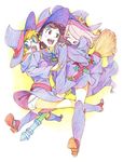  :d :o bad_id bad_pixiv_id belt boots broom broom_riding colored_pencil_(medium) dress girl_sandwich glasses hair_over_one_eye hat iseki_shuuichi kagari_atsuko little_witch_academia long_hair lotte_jansson multiple_girls multiple_riders open_mouth orange_hair panties purple_hair sandwiched short_hair skirt skirt_lift smile sucy_manbavaran traditional_media underwear witch witch_hat 