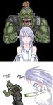  2koma anger_vein blue_hair comic commentary daikon elf harahachibu_ajinosuke highres long_hair mohawk muscle orc original pointy_ears radish simple_background translated yellow_eyes 