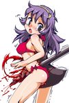 1girl asamiya_athena ass axe bare_shoulders bikini black_eyes blood blush breasts from_behind guro hairband intestines king_of_fighters long_hair looking_back purple_hair side-tie_bikini simple_background solo stabbed swimsuit tears thighs trembling weapon white_background 