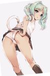  adjusting_clothes adjusting_panties ass black_legwear blue_eyes cat_tail copyright_request green_hair kawata_hisashi kneehighs leaning_forward legs long_hair looking_back panties parted_lips pleated_skirt sketch skirt skirt_lift solo tail trefoil twintails underwear white_panties 