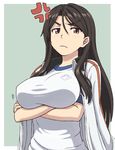  &gt;:( anger_vein angry black_hair breast_hold breasts brown_eyes crossed_arms eyebrows frown fukiyose_seiri gym_uniform irritated jacket jacket_on_shoulders jinrai_(owl12) large_breasts long_hair open_clothes open_jacket solo sportswear standing to_aru_kagaku_no_railgun to_aru_majutsu_no_index track_jacket v-shaped_eyebrows 