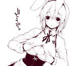  animal_ears blush breasts bunny_ears center_opening cleavage corset dutch_angle hairband large_breasts monochrome mutsutake name_tag open_clothes open_shirt original paizuri_invitation shirt short_hair solo 