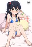  arm_support barefoot bikini black_hair blue_bikini blush brown_eyes cover dvd_cover fake_cover flat_chest hair_bobbles hair_ornament kitashirakawa_anko long_hair looking_at_viewer navel one_side_up pillow side-tie_bikini sitting smile solo swimsuit tamako_market v v_over_eye youkan 