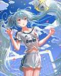  adidas aqua_eyes aqua_hair ball clothes_writing cloud confetti day doora_(dora0913) goal hatsune_miku la_liga long_hair md5_mismatch navel real_madrid shorts sky soccer solo sweat twintails very_long_hair vocaloid 