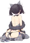  1girl animal_ears ass bare_back bell black_hair black_panties butt_crack cat_ears cat_tail facing_away fake_animal_ears fake_tail fate/kaleid_liner_prisma_illya fate_(series) from_behind fur_collar fur_trim jingle_bell miyu_edelfelt nanananana panties paws simple_background sitting solo tail twintails underwear wariza white_background 
