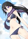  bikini black_hair breasts cameltoe covered_nipples highres kuroki_rei long_hair medium_breasts purple_eyes scarf side-tie_bikini solo swimsuit tsukasa_takashi vividred_operation 