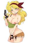  angry blonde_hair breasts clenched_teeth cowboy_shot cropped_legs dragon_ball dragon_ball_(classic) fangs fingerless_gloves gloves green_eyes gun hairband handgun large_breasts long_hair lunch_(dragon_ball) midriff navel nipples oohara_kyuutarou open_clothes open_shorts short_shorts shorts simple_background solo strap_slip tank_top teeth wavy_hair weapon white_background 
