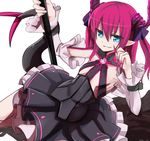  bangs black_dress blue_eyes claws demon_girl detached_sleeves diamond_(shape) dress elizabeth_bathory_(fate) elizabeth_bathory_(fate)_(all) fate/extra fate/extra_ccc fate_(series) fingernails flat_chest frills gothic_lolita grin haik hair_between_eyes hair_ribbon highres holding horns lolita_fashion long_fingernails long_hair long_sleeves looking_at_viewer lying nail_polish no_bra on_side petticoat pink_hair pleated_dress pointy_ears pointy_shoes polearm puffy_long_sleeves puffy_sleeves ribbon ribs shadow shoes short_dress simple_background smile solo spear striped tail turtleneck two_side_up vertical_stripes weapon white_background wrist_cuffs 
